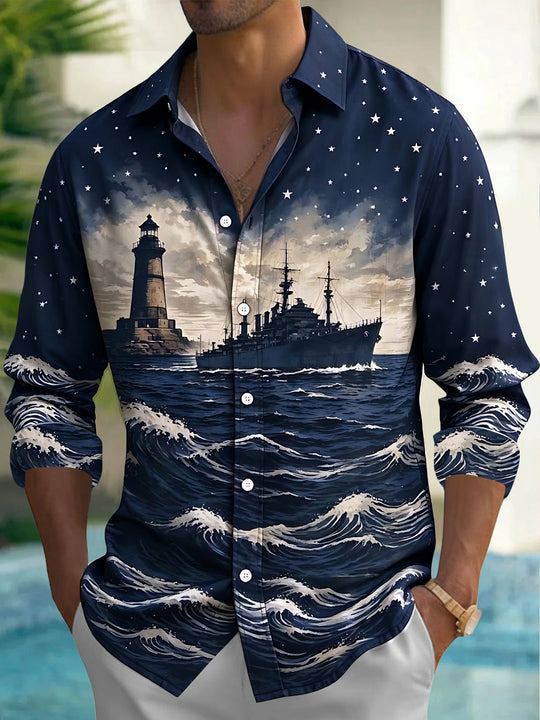 Adaychic Men's Lighthouse And Battleship On Ocean Waves Print Long Sleeve Shirt with Chest Pocket