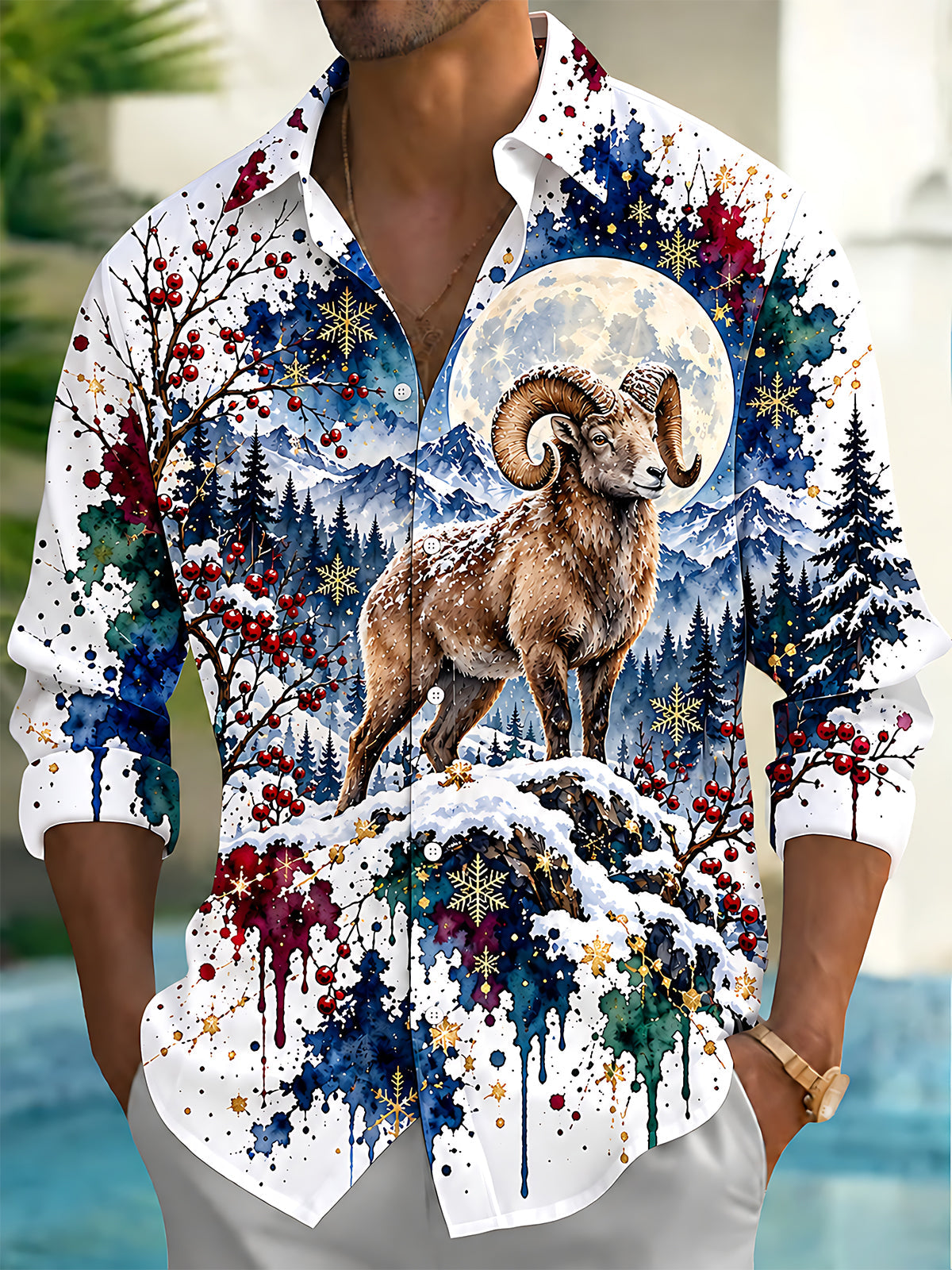 Adaychic Men's Antelope In Snowy Mountain Landscape Print Long Sleeve Shirt with Chest Pocket