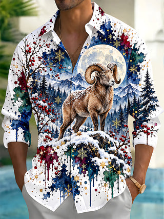 Adaychic Men's Antelope In Snowy Mountain Landscape Print Long Sleeve Shirt with Chest Pocket