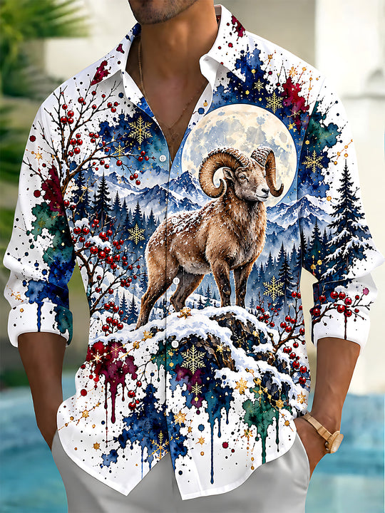 Adaychic Men's Antelope In Snowy Mountain Landscape Print Long Sleeve Shirt with Chest Pocket