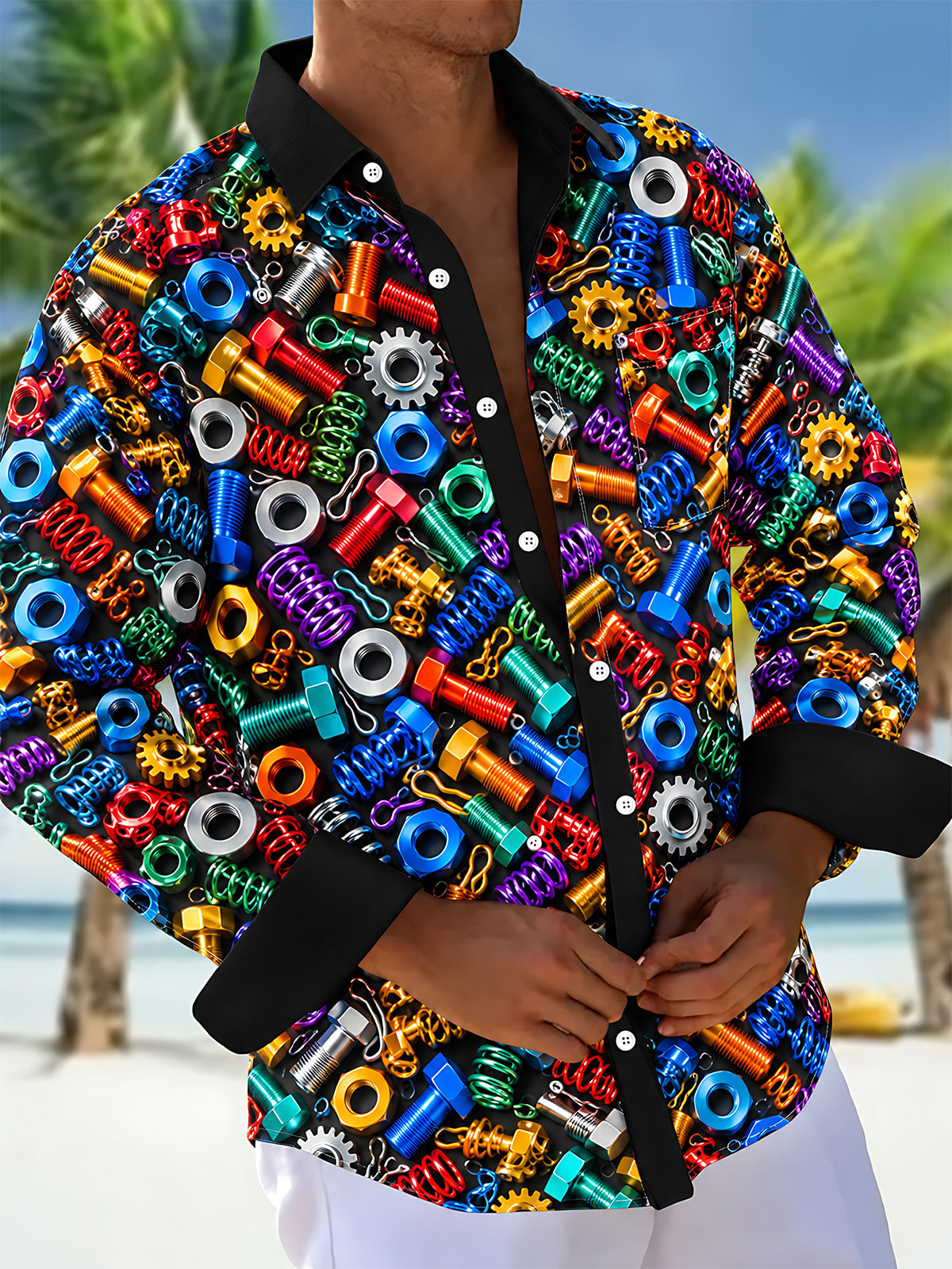 Adaychic Men's Colorful Hardware Screws And Nuts Print Long Sleeve Shirt with Chest Pocket