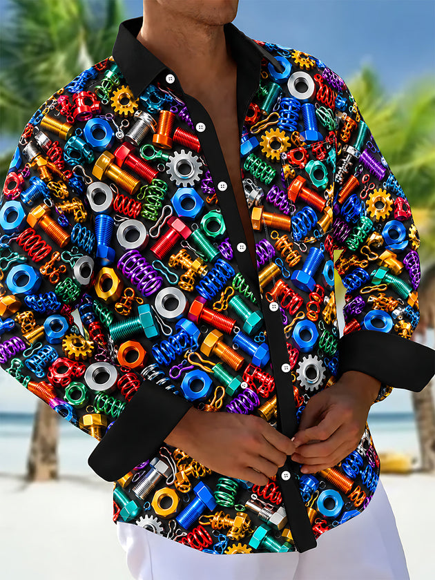 Adaychic Men's Colorful Hardware Screws And Nuts Print Long Sleeve Shirt with Chest Pocket