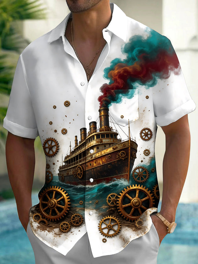 Adaychic Men's Vintage Steamship And Gears Print Short Sleeve Shirt with Chest Pocket