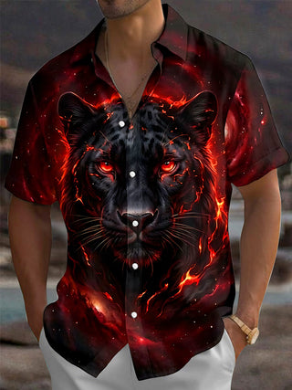 Adaychic Men's Black Panther With Lava And Fire Print Short Sleeve Shirt with Chest Pocket