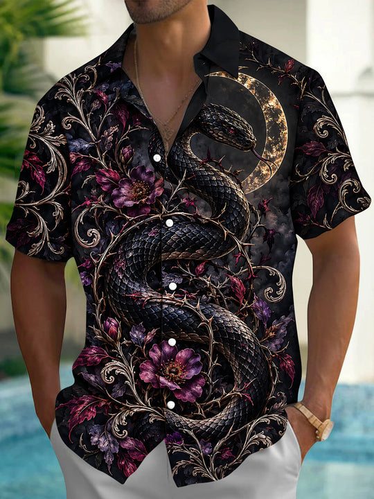 Adaychic Men's Dark Snake And Purple Flowers With Moon Print Short Sleeve Shirt with Chest Pocket