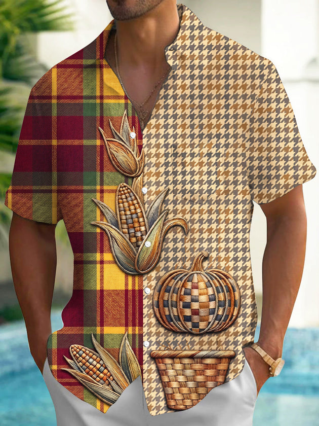 Adaychic Men's Autumn Autumn Harvest Corn And Pumpkin Print Short Sleeve Shirt with Chest Pocket