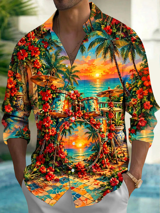 Adaychic Men's Hawaiian Drum Set And Tropical Sunset Print Long Sleeve Shirt with Chest Pocket