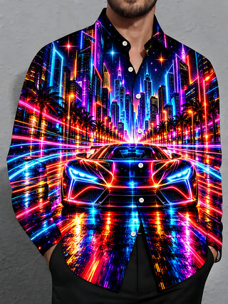 Adaychic Men's Graphic Neon Sports Car And City Skyline Print Long Sleeve Shirt with Chest Pocket