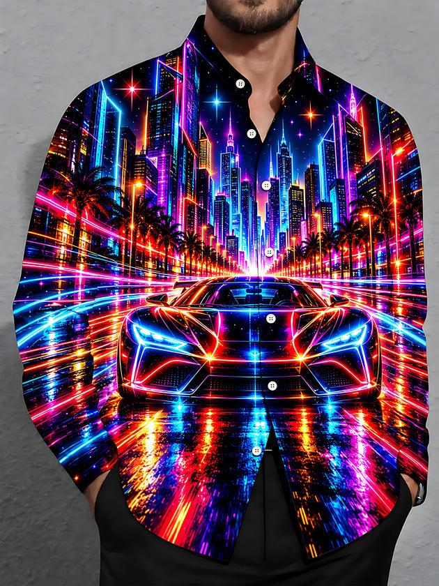 Adaychic Men's Graphic Neon Sports Car And City Skyline Print Long Sleeve Shirt with Chest Pocket