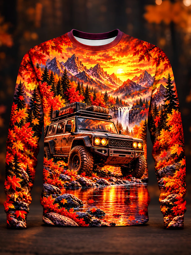 Adaychic Men's Long Sleeve Sweatshirt - Off-road Vehicle In Autumn Forest Landscape Print