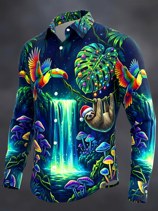 Adaychic Men's Graphic Christmas Sloth And Toucans Print Long Sleeve Shirt with Chest Pocket