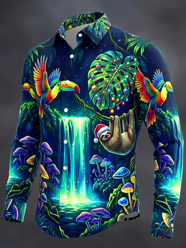 Adaychic Men's Graphic Christmas Sloth And Toucans Print Long Sleeve Shirt with Chest Pocket