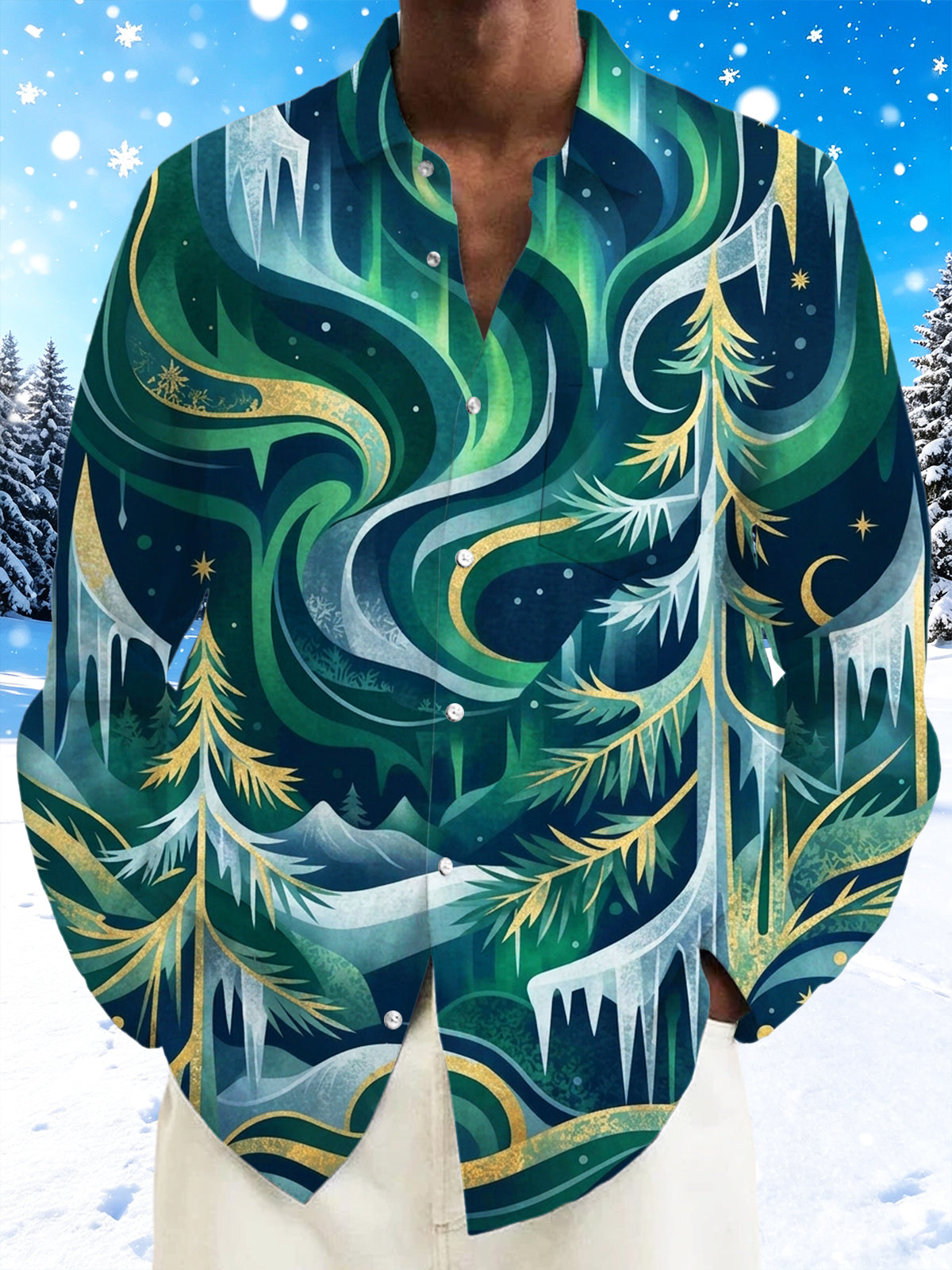Adaychic Men's Long Sleeve Shirt - Aurora Borealis And Pine Trees With Icicles Print with Chest Pocket