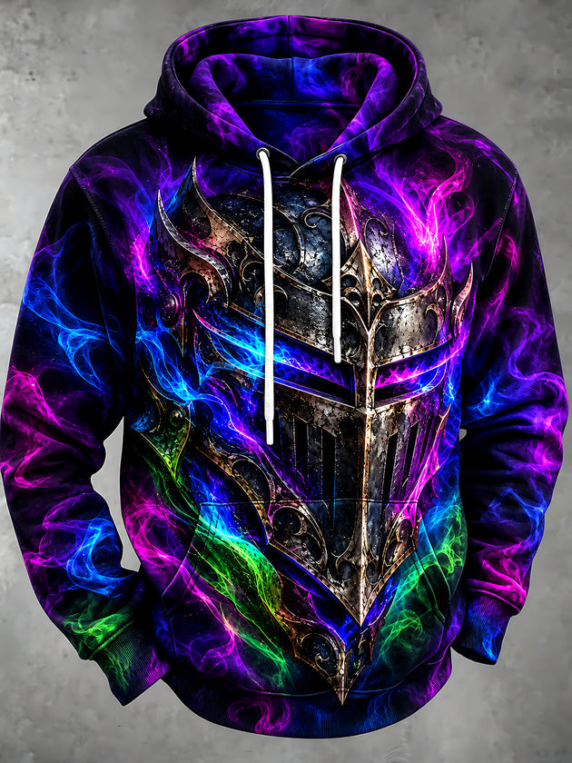 Adaychic Men's Graphic Knight Helmet With Neon Smoke Print Long Sleeve Hoodie