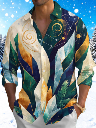 Adaychic Men's Printed Geometric Crystal And Starry Sky Print Long Sleeve Shirt with Chest Pocket