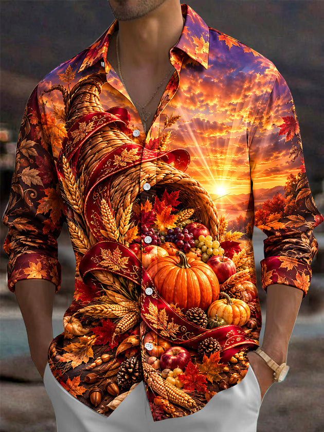 Adaychic Men's Long Sleeve Shirt - Thanksgiving Cornucopia With Pumpkins Grapes Apples Wheat And Autumn Leaves Print with Chest Pocket