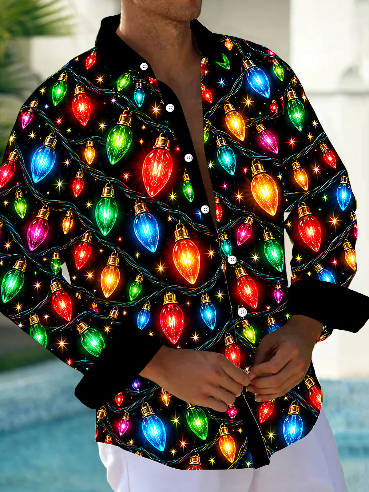 Adaychic Men's Printed Christmas Lights Print Long Sleeve Shirt with Chest Pocket