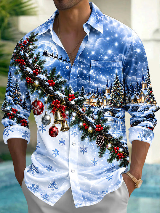 Adaychic Men's Long Sleeve Shirt - Christmas Village Scene With Snowy Trees And Church Print with Chest Pocket