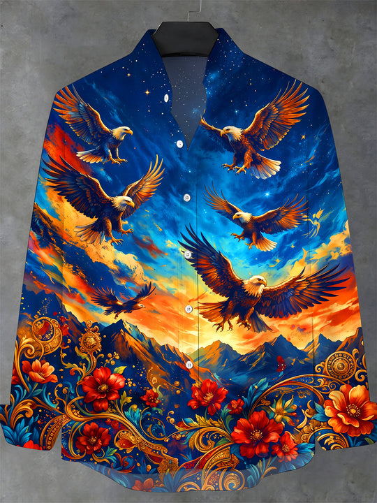 Adaychic Men's Bald Eagles In Starry Sky Print Long Sleeve Stand Collar Shirt