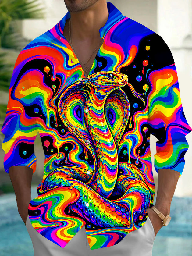Adaychic Men's Printed Colorful Psychedelic Cobra Print Long Sleeve Shirt with Chest Pocket