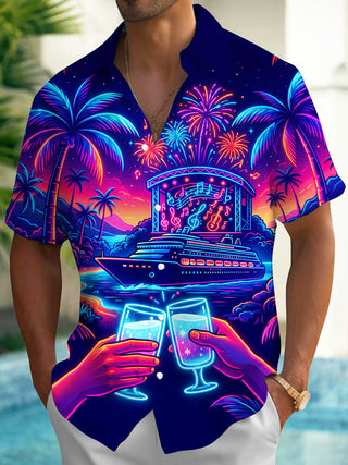 Adaychic Men's Hawaiian Neon Palm Trees And Fireworks Print Short Sleeve Shirt with Chest Pocket