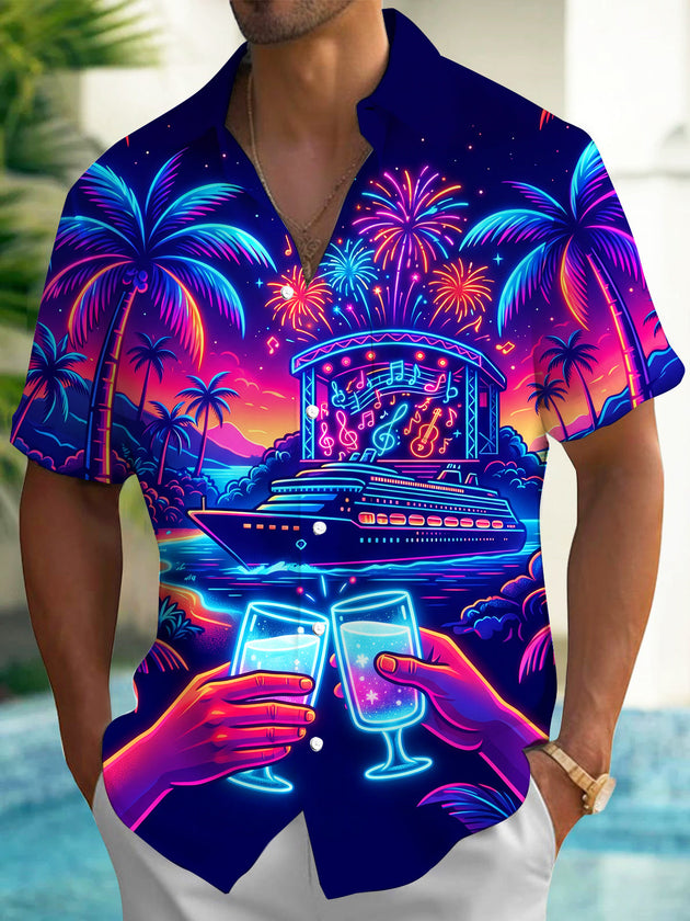 Adaychic Men's Hawaiian Neon Palm Trees And Fireworks Print Short Sleeve Shirt with Chest Pocket