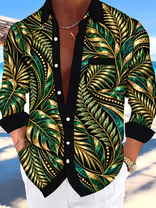 Adaychic Men's Gold And Green Palm Leaves And Ferns Print Long Sleeve Shirt with Chest Pocket