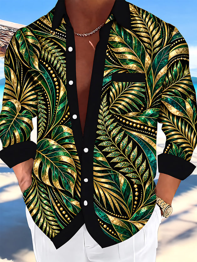 Adaychic Men's Gold And Green Palm Leaves And Ferns Print Long Sleeve Shirt with Chest Pocket