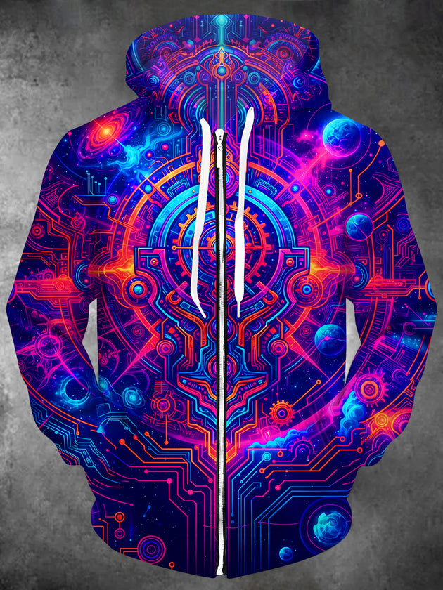 Adaychic Men's Cosmic Circuit Board And Planets Print Long Sleeve Zip-Up Hoodie