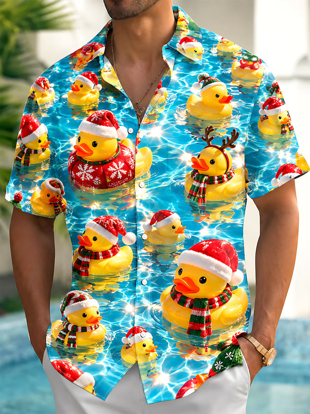 Adaychic Men's Christmas Rubber Ducks In Water Print Short Sleeve Shirt with Chest Pocket