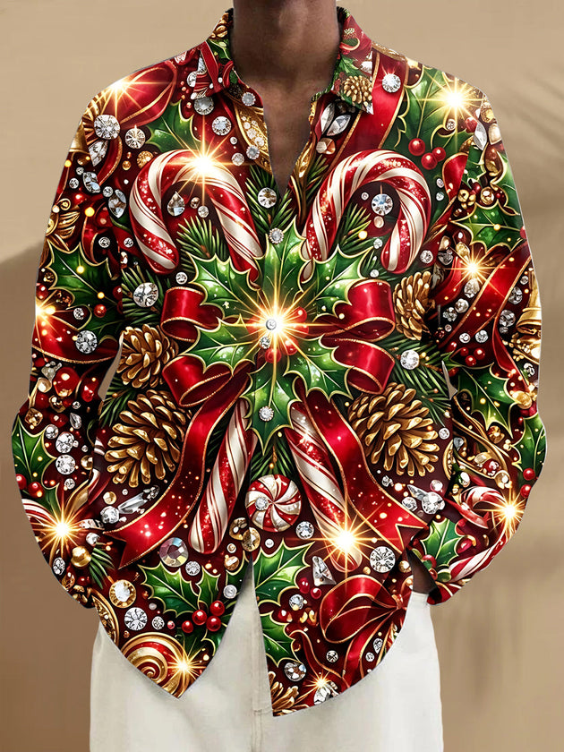 Adaychic Men's Christmas Candy Canes And Pine Cones Print Long Sleeve Shirt with Chest Pocket