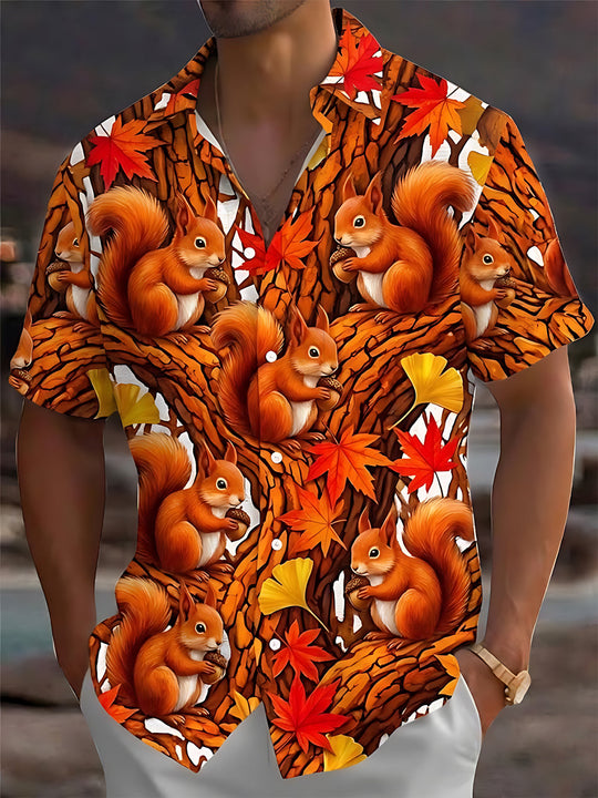 Adaychic Men's Hawaiian Autumn Squirrel Print Short Sleeve Shirt with Chest Pocket