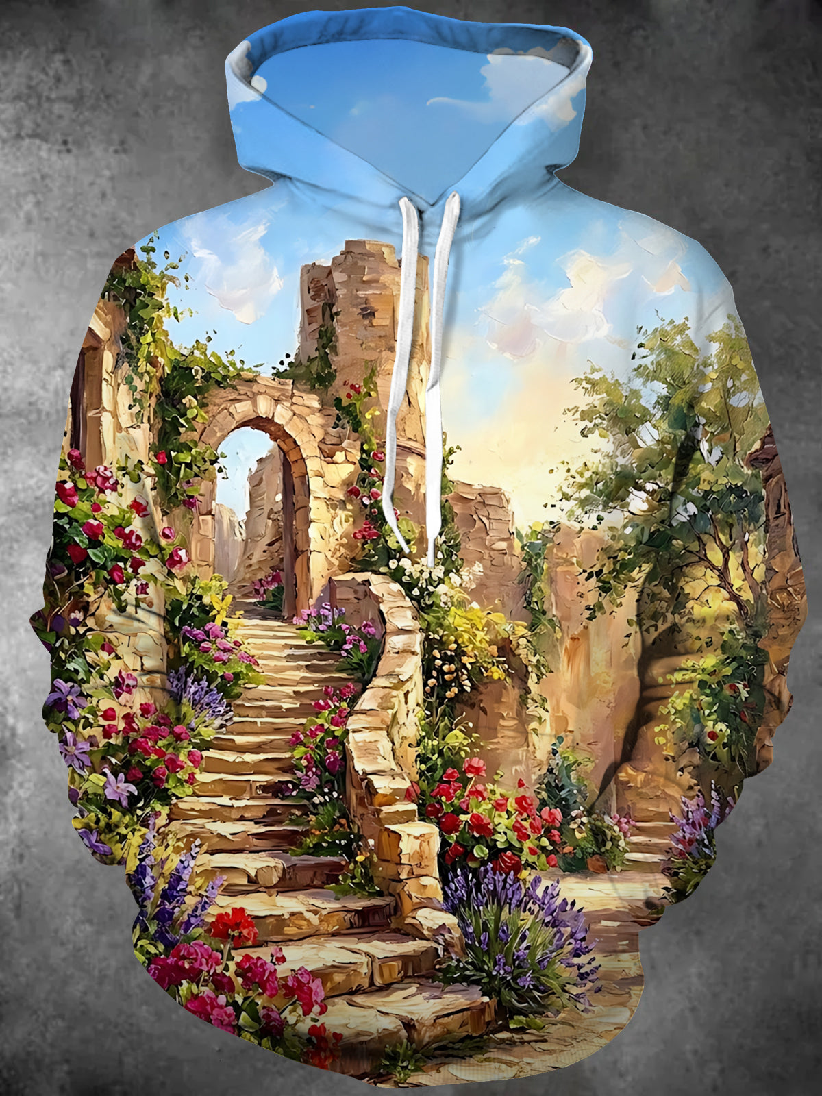 Adaychic Men's Long Sleeve Pullover Hoodie - Stone Ruins And Garden Landscape Print with Kangaroo Pocket