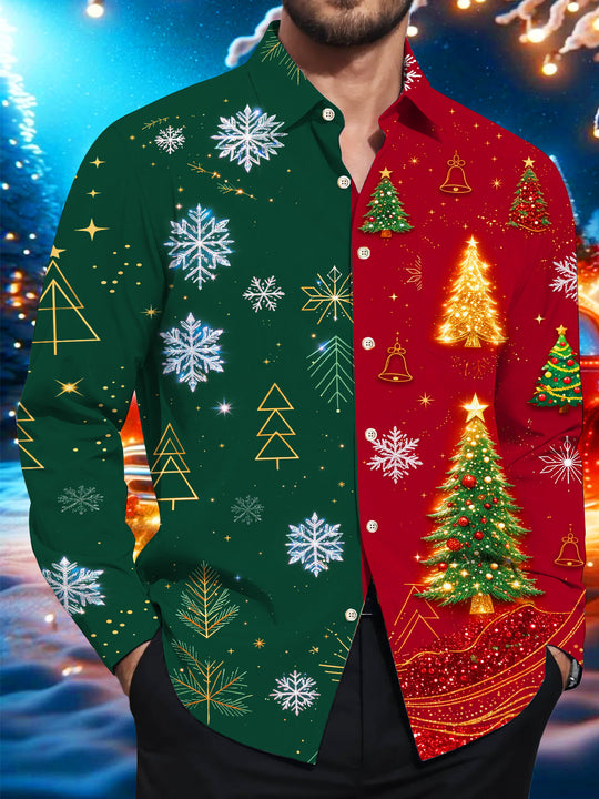 Adaychic Men's Printed Christmas Trees And Snowflakes Print Long Sleeve Shirt with Chest Pocket