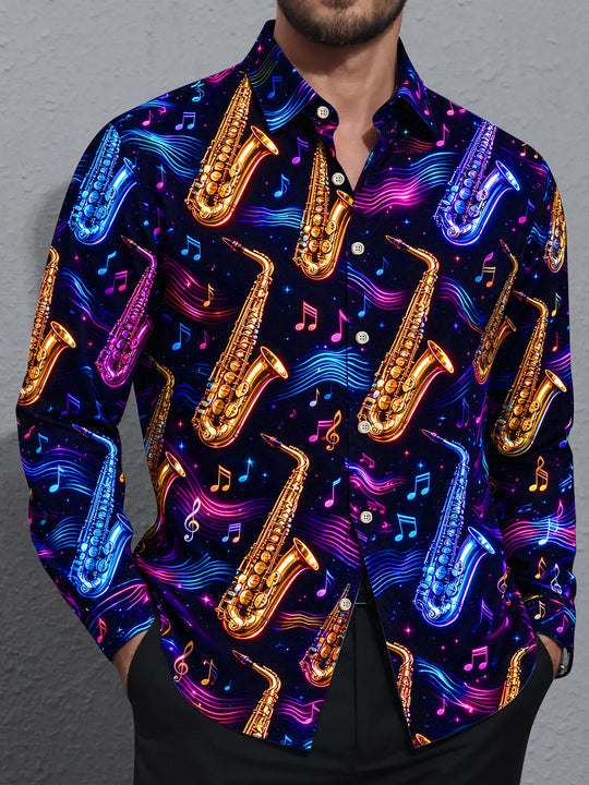 Adaychic Men's Retro Neon Saxophones And Musical Notes Print Long Sleeve Shirt with Chest Pocket