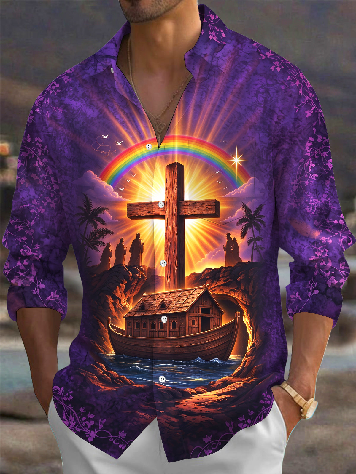 Adaychic Men's Hawaiian Noahs Ark And Holy Cross Print Long Sleeve Shirt with Chest Pocket