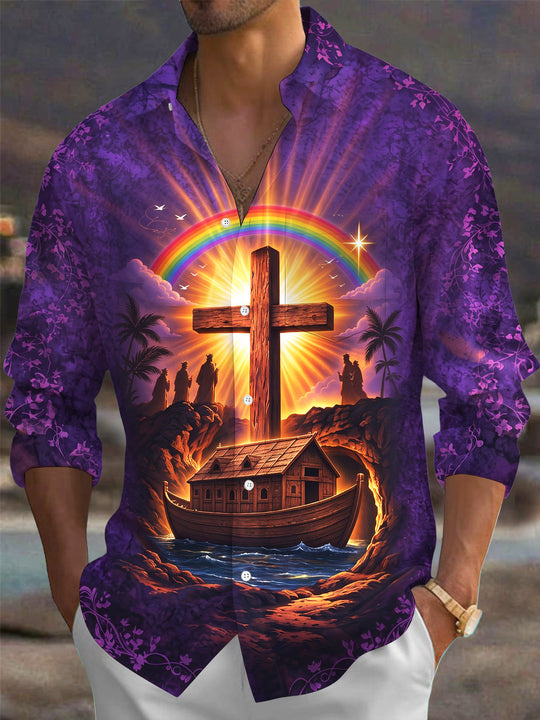 Adaychic Men's Hawaiian Noahs Ark And Holy Cross Print Long Sleeve Shirt with Chest Pocket