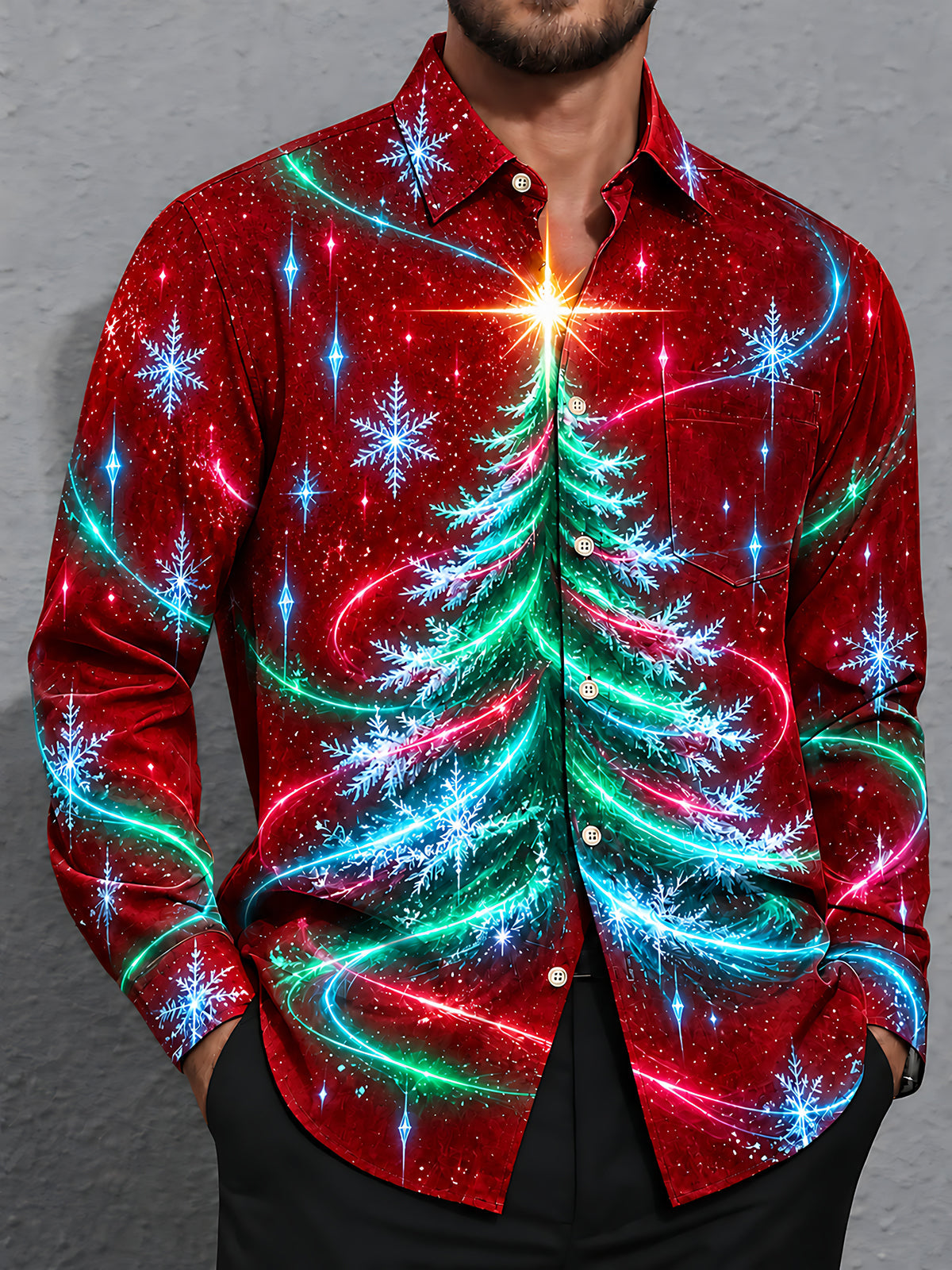 Adaychic Men's Long Sleeve Shirt - Christmas Tree With Snowflakes And Light Trails Print with Chest Pocket