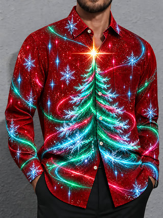 Adaychic Men's Long Sleeve Shirt - Christmas Tree With Snowflakes And Light Trails Print with Chest Pocket