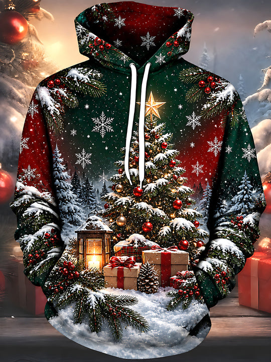 Adaychic Men's Christmas Tree With Ornaments And Star Print Long Sleeve Hoodie