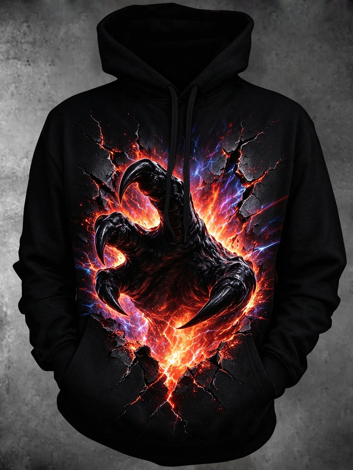 Adaychic Men's Long Sleeve Hoodie - Monster Claw Breaking Through Cracked Surface With Lava And Lightning Print