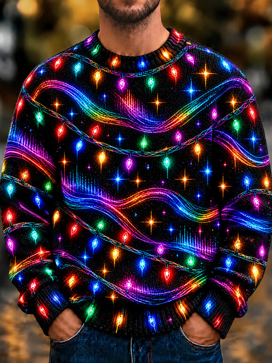 Adaychic Men's Long Sleeve Sweater - Neon Christmas Light Strings And Starbursts Print