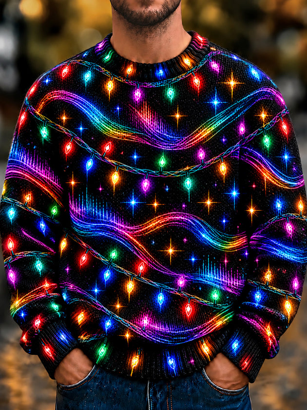 Adaychic Men's Long Sleeve Sweater - Neon Christmas Light Strings And Starbursts Print