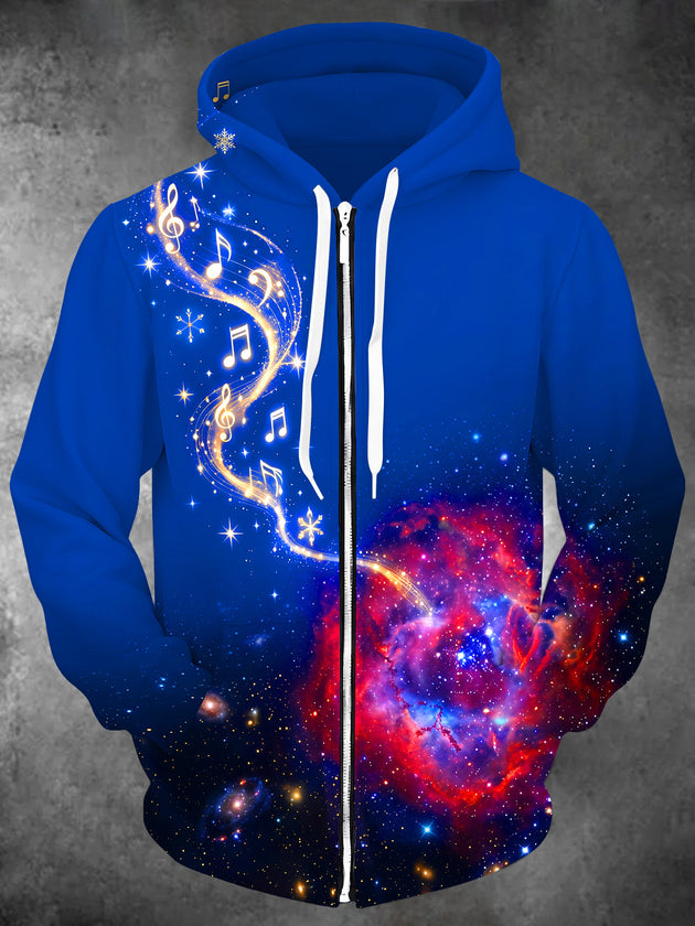 Adaychic Men's Music Notes And Starlight Print Long Sleeve Zip-Up Hoodie