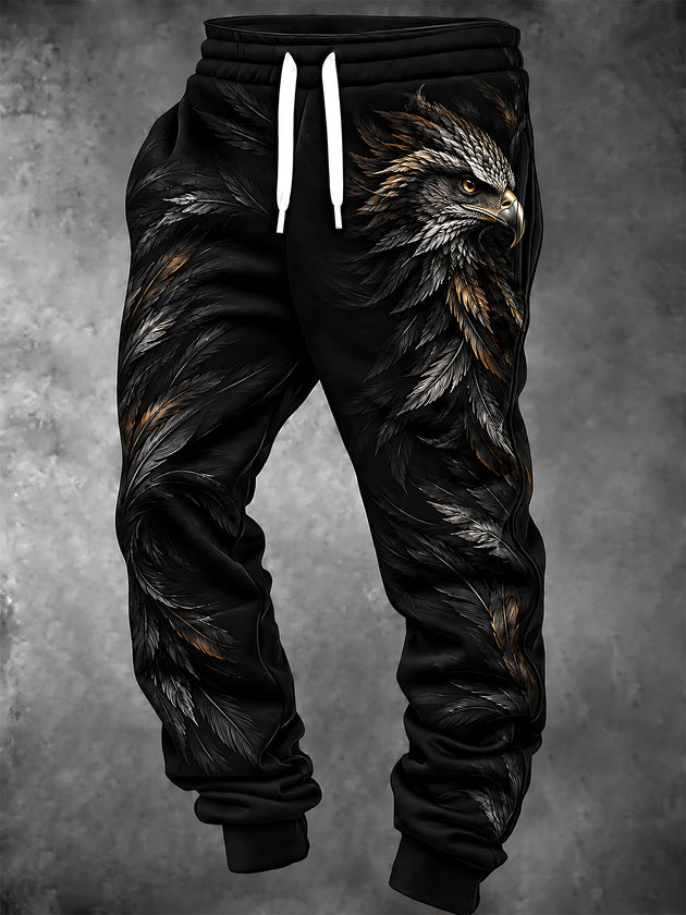 Adaychic Men's Graphic Eagle Head And Feathers Print Pants