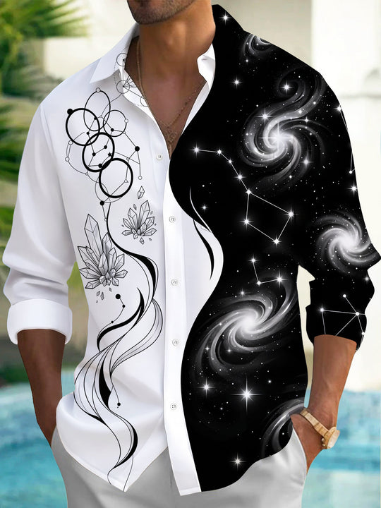 Adaychic Men's Printed Constellation Nebula And Crystal Print Long Sleeve Shirt with Chest Pocket