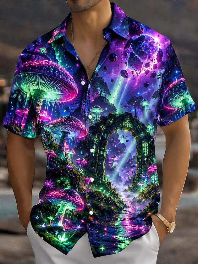 Adaychic Men's Neon Mushrooms And Cosmic Landscape Print Short Sleeve Shirt with Chest Pocket