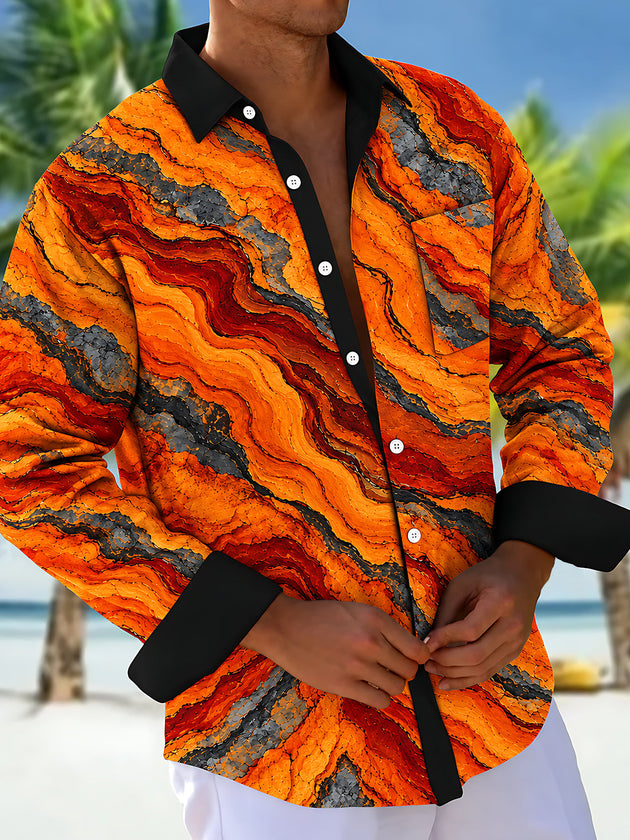Adaychic Men's Abstract Wavy Lava And Rock Pattern Long Sleeve Shirt with Chest Pocket