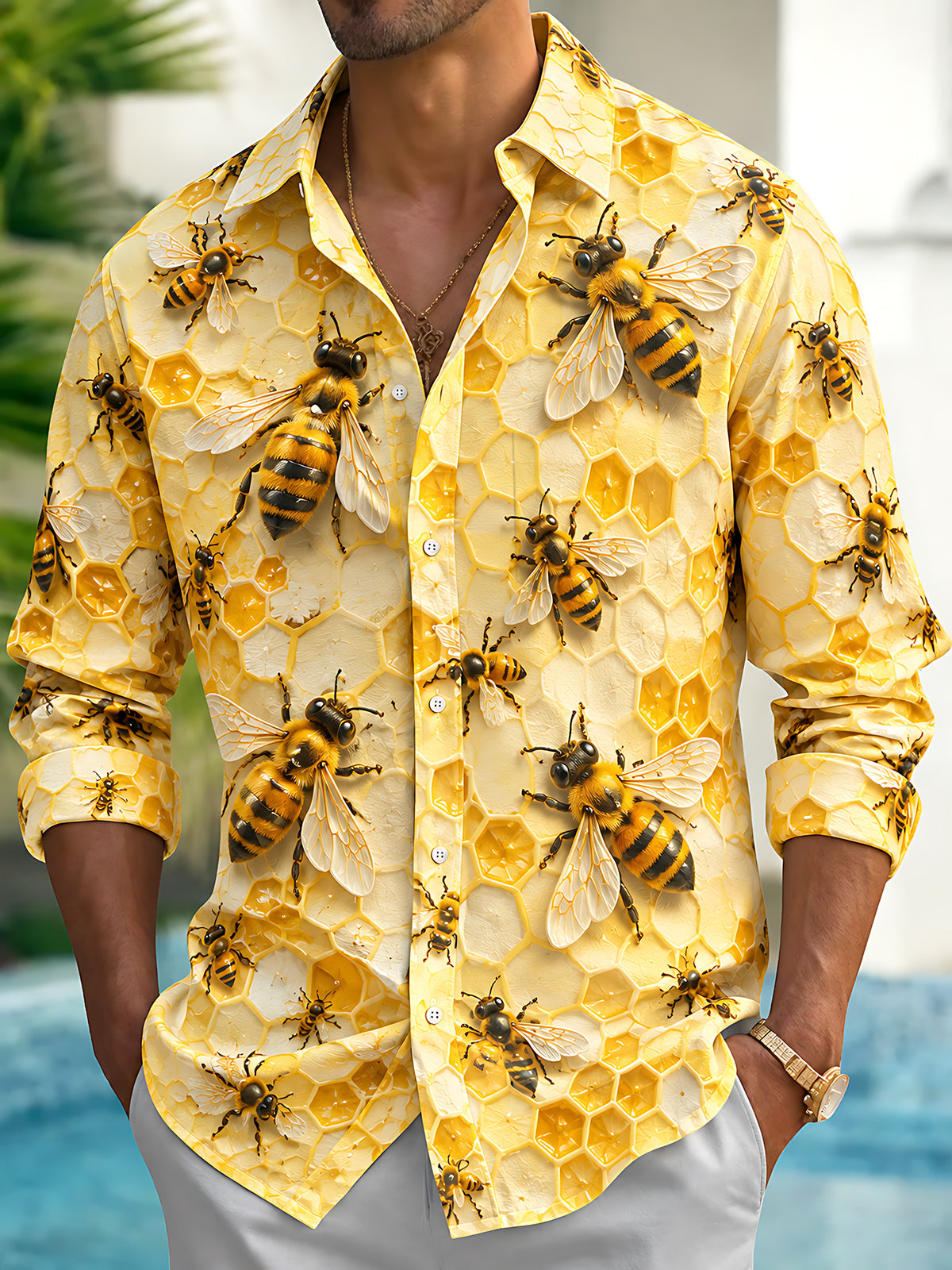 Adaychic Men's Hawaiian Bee And Honeycomb Pattern Long Sleeve Shirt with Chest Pocket
