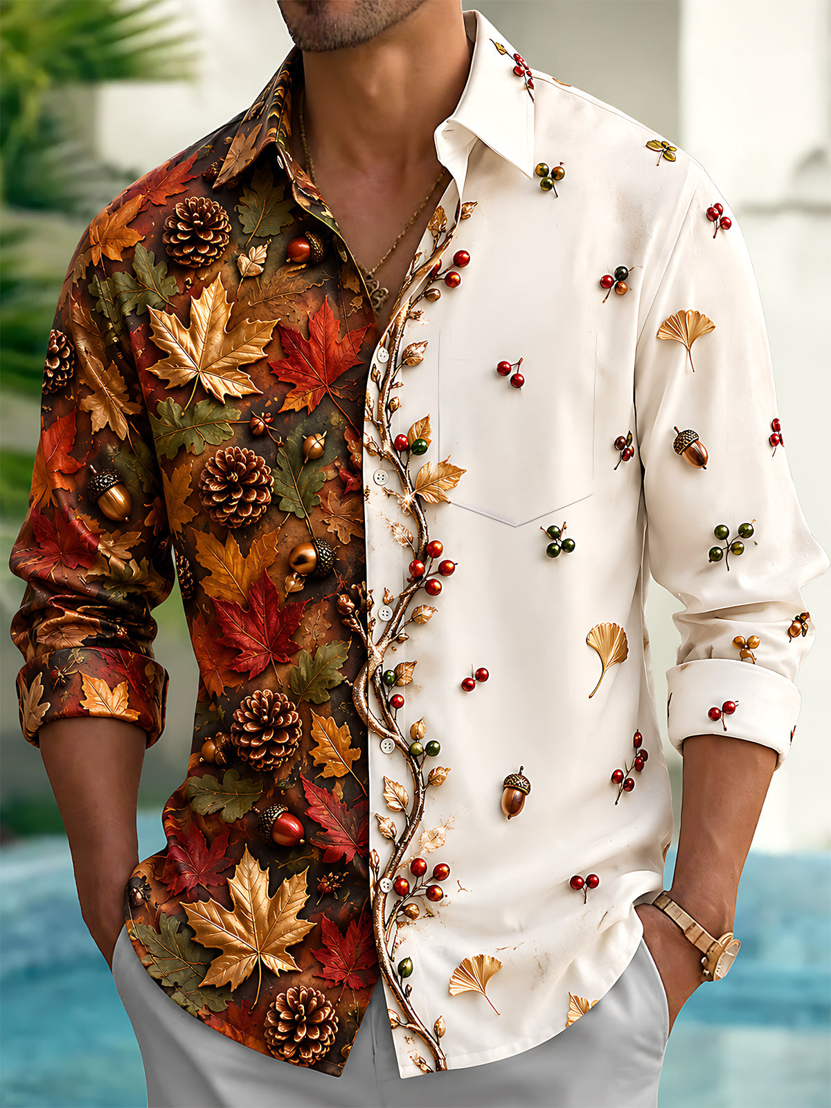 Adaychic Men's Autumn Maple Leaves Acorns And Pinecones Print Long Sleeve Shirt with Chest Pocket